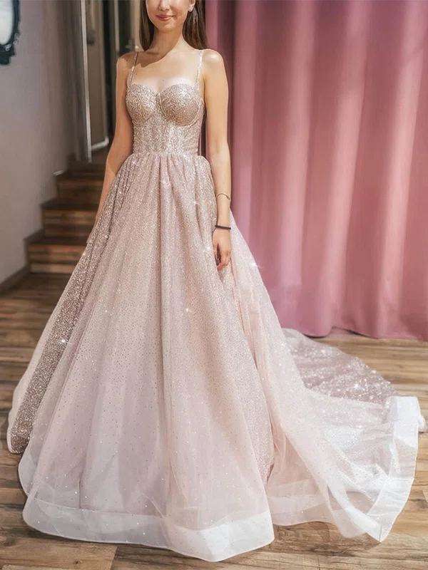 A-line Sweetheart Glitter Sweep Train Prom Dresses #UKM020112592