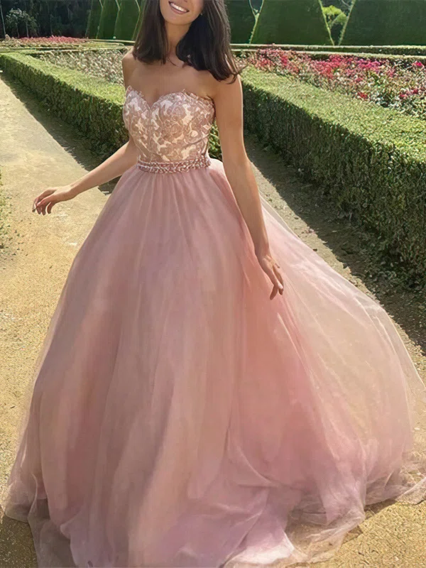 A-line Sweetheart Tulle Sweep Train Prom Dresses With Appliques Lace #UKM020112600
