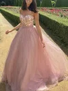 A-line Sweetheart Tulle Sweep Train Prom Dresses With Appliques Lace #UKM020112600