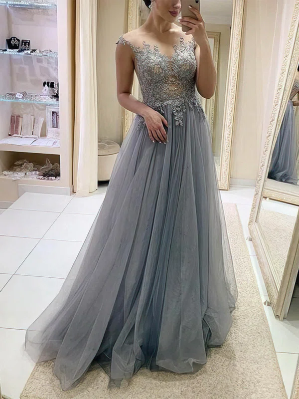 A-line Scoop Neck Tulle Sweep Train Prom Dresses With Appliques Lace #UKM020112601
