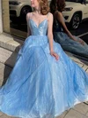 A-line V-neck Glitter Floor-length Prom Dresses #UKM020112602