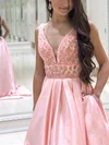 A-line V-neck Satin Sweep Train Prom Dresses With Pockets #UKM020112608