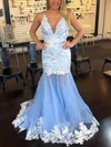 Trumpet/Mermaid V-neck Lace Tulle Sweep Train Prom Dresses With Appliques Lace #UKM020112613
