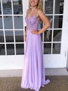 A-line V-neck Chiffon Floor-length Prom Dresses With Appliques Lace #UKM020112617