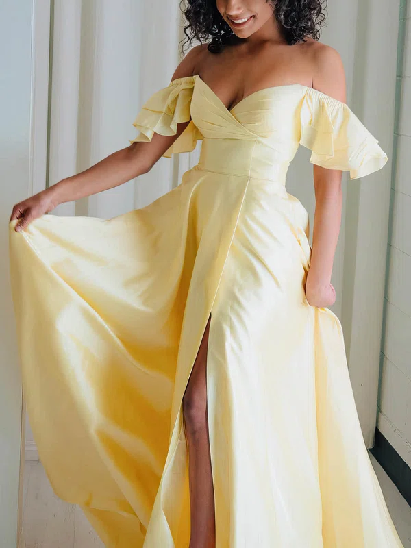 A-line Off-the-shoulder Satin Floor-length Prom Dresses With Split Front #UKM020112619