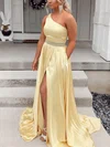 A-line One Shoulder Silk-like Satin Sweep Train Prom Dresses With Split Front #UKM020112635