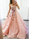A-line Strapless Lace Sweep Train Prom Dresses With Flower(s) #UKM020112637