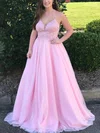 A-line V-neck Glitter Sweep Train Prom Dresses With Appliques Lace #UKM020112638