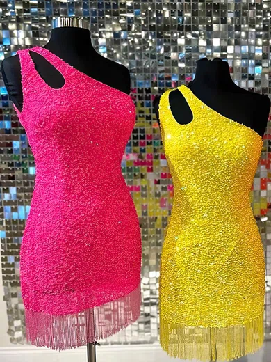 Sheath/Column One Shoulder Sequined Short/Mini Short Prom Dresses #UKM020112654