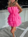 A-line Strapless Tulle Short/Mini Short Prom Dresses With Tiered #UKM020112673