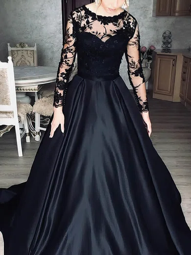 A-line Scoop Neck Lace Satin Sweep Train Prom Dresses With Appliques Lace #UKM020112684
