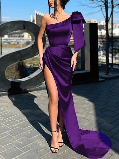Sheath/Column One Shoulder Satin Prom Dresses With Ruched #UKM020112686