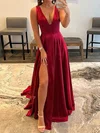 A-line V-neck Ruched Satin Prom Dresses With Appliques #UKM020112692