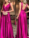 A-line V-neck Silk-like Satin Sweep Train Prom Dresses #UKM020112700