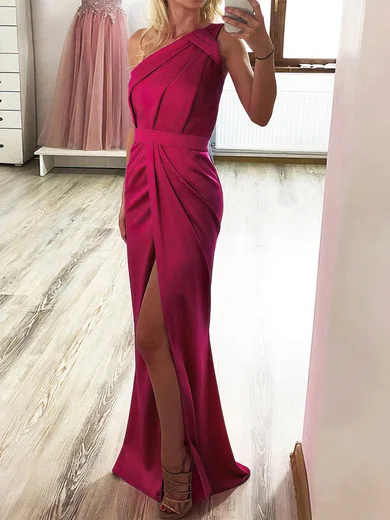 Sheath/Column One Shoulder Silk-like Satin Floor-length Prom Dresses With Split Front #UKM020112701
