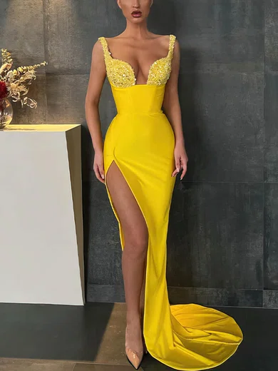 Sheath/Column V-neck Satin Prom Dresses With Beading #UKM020112709