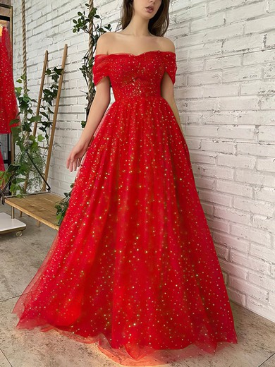 Ball Gown/Princess Floor-length Off-the-shoulder Glitter Ruffles Prom Dresses #UKM020112713