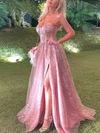 A-line Strapless Glitter Sweep Train Prom Dresses With Split Front #UKM020112714