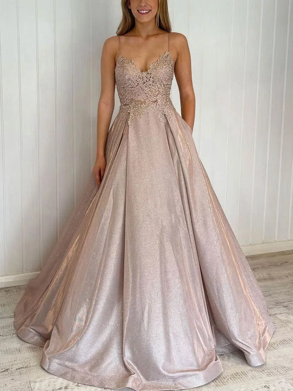 Ball Gown/Princess Floor-length V-neck Shimmer Crepe Appliques Lace Prom Dresses #UKM020112717