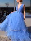Ball Gown/Princess Sweep Train V-neck Tulle Lace Appliques Lace Prom Dresses #UKM020112718