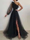 A-line One Shoulder Tulle Sweep Train Prom Dresses With Split Front #UKM020112719