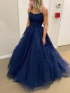 Princess Scoop Neck Lace Tulle Sweep Train Prom Dresses With Appliques Lace #UKM020112720