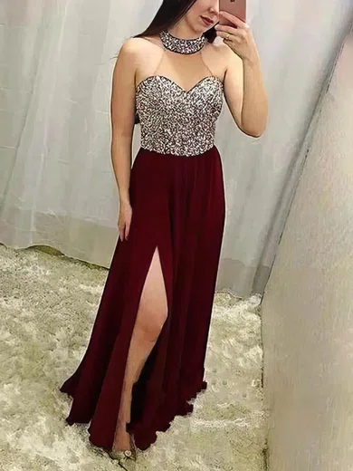 A-line High Neck Chiffon Floor-length Prom Dresses With Split Front #UKM020112723