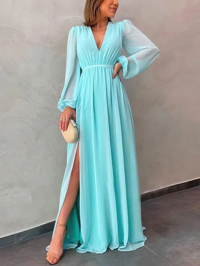 A-line V-neck Chiffon Sweep Train Prom Dresses With Split Front #UKM020112726