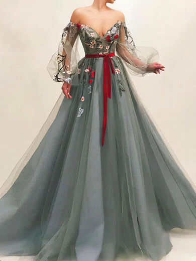 Ball Gown Off-the-shoulder Puff Sleeve Tulle Prom Dresses With Floral #UKM020112727