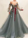 Ball Gown/Princess Floor-length Off-the-shoulder Tulle Sashes / Ribbons Prom Dresses #UKM020112727
