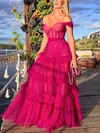 A-line Off-the-shoulder Tulle Floor-length Prom Dresses With Tiered #UKM020112728