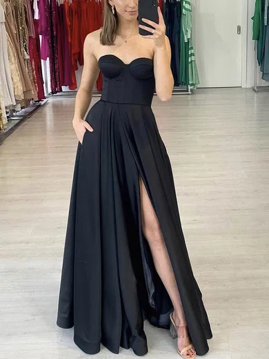 A-line Sweetheart Satin Floor-length Prom Dresses With Split Front #UKM020112731