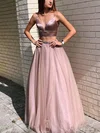 A-line V-neck Silk-like Satin Tulle Floor-length Prom Dresses With Sashes / Ribbons #UKM020112733