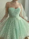 A-line High Neck Tulle Knee-length Short Prom Dresses With Bow #UKM020112738