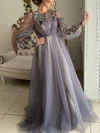 A-line Scoop Neck Tulle Floor-length Prom Dresses With Appliques Lace #UKM020112740