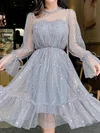 A-line Scoop Neck Tulle Tea-length Prom Dresses With Beading #UKM020112741
