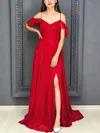 A-line Off-the-shoulder Chiffon Sweep Train Prom Dresses With Split Front #UKM020112750