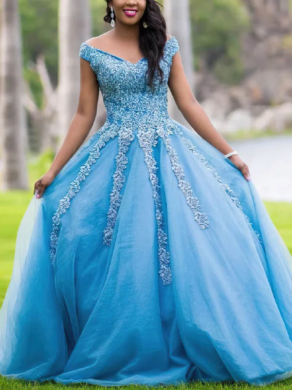 Ball Gown Off-the-shoulder Tulle Sweep Train Prom Dresses With Appliques Lace #UKM020112751