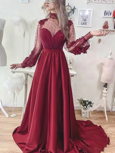 A-line High Neck Tulle Silk-like Satin Sweep Train Prom Dresses With Pearl Detailing #UKM020112761
