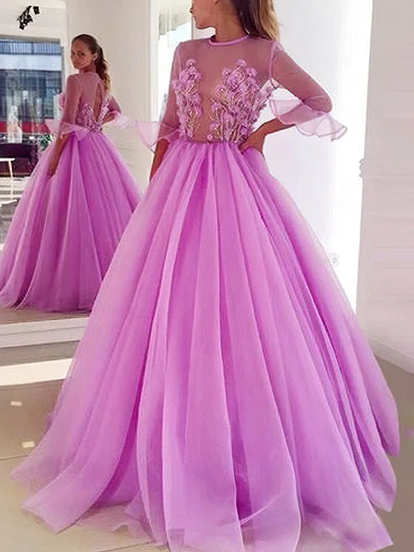 Ball Gown Scoop Neck Tulle Floor-length Prom Dresses With Appliques Lace #UKM020112762