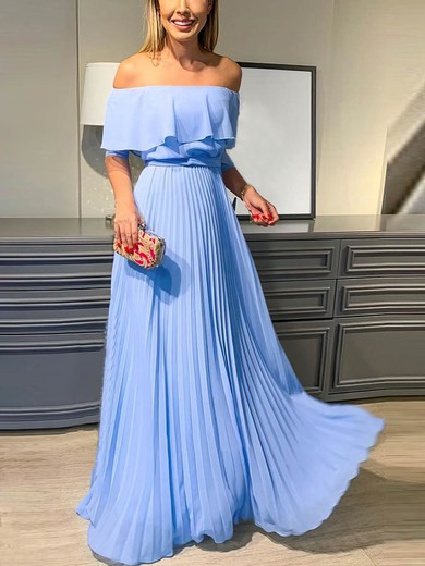 A-line Off-the-shoulder Chiffon Floor-length Prom Dresses With Pleats #UKM020112763
