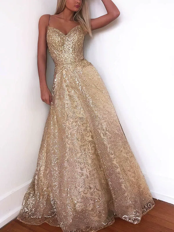 A-line V-neck Lace Floor-length Prom Dresses #UKM020112765