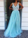 A-line V-neck Tulle Floor-length Prom Dresses With Appliques Lace #UKM020112770