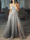 A-line V-neck Lace Tulle Sweep Train Prom Dresses With Split Front #UKM020112774