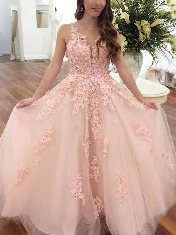 A-line V-neck Tulle Floor-length Prom Dresses With Appliques Lace #UKM020112778