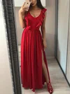 A-line Floor-length V-neck Jersey Ruffles Prom Dresses #UKM020112786