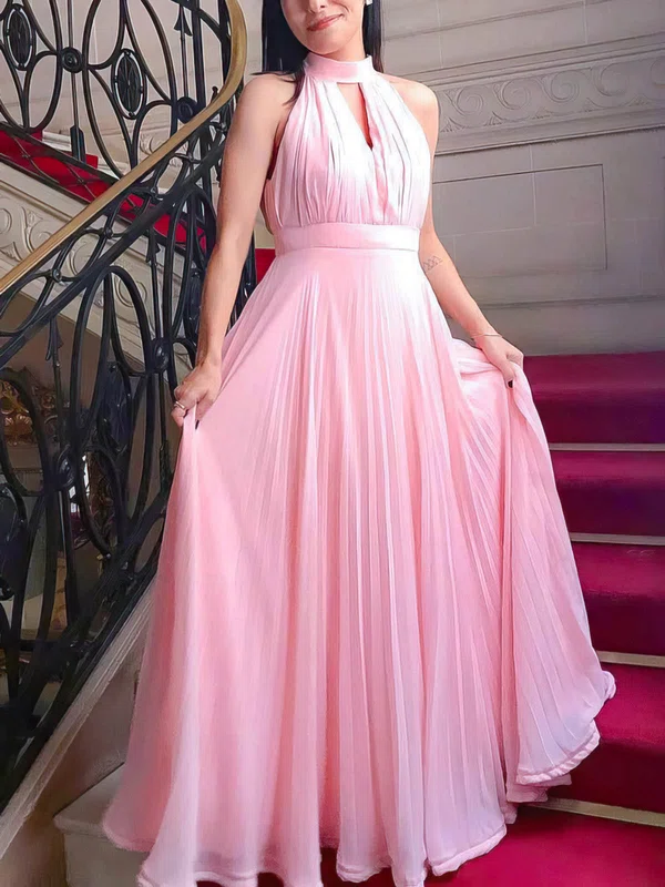 A-line High Neck Chiffon Floor-length Prom Dresses With Pleats #UKM020112795