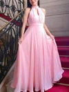 A-line High Neck Chiffon Floor-length Prom Dresses With Pleats #UKM020112795