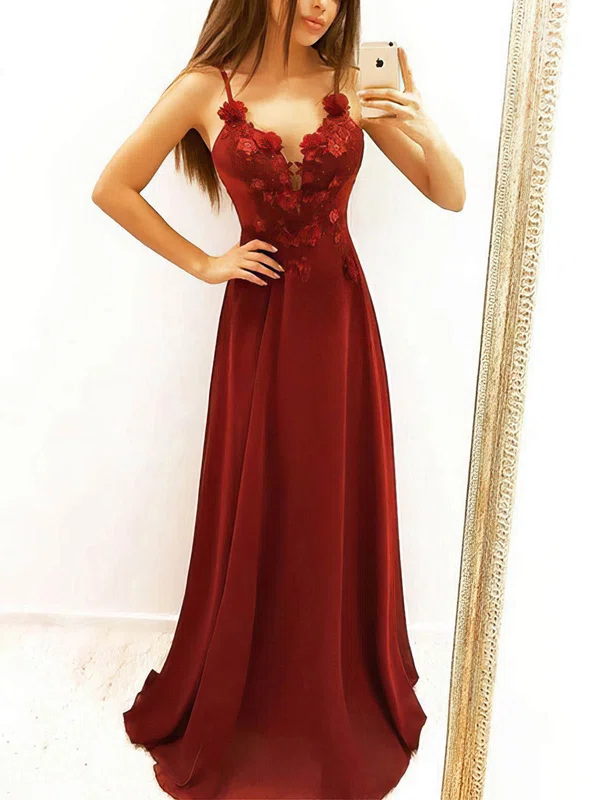 A-line Floor-length V-neck Chiffon Appliques Lace Prom Dresses #UKM020112797