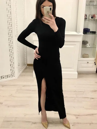 Sheath/Column Scoop Neck Jersey Ankle-length Prom Dresses With Split Front #UKM020112800